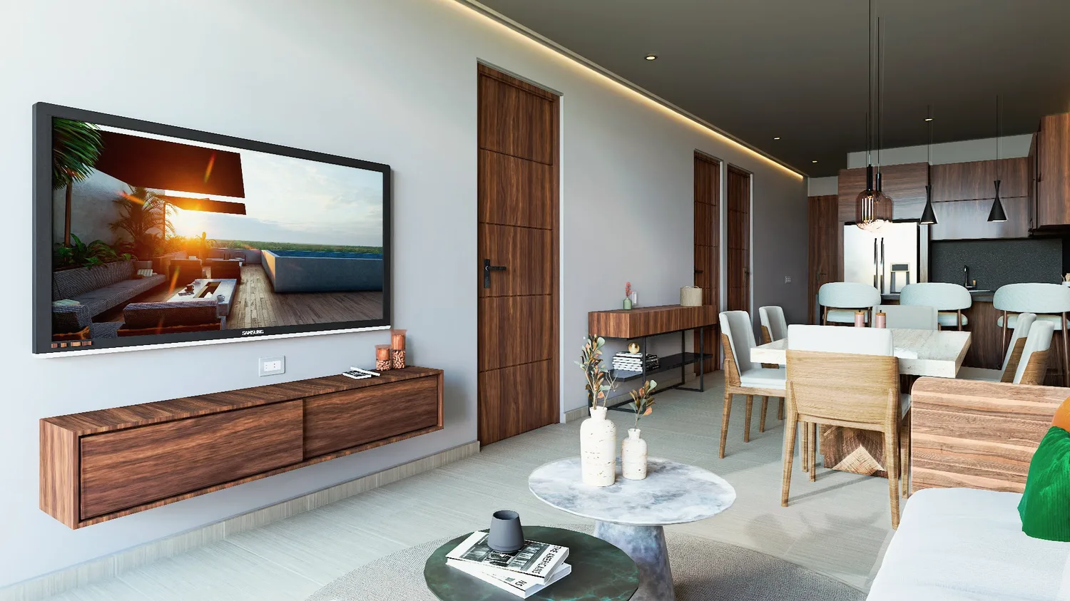 Render de la sala y el comedor de una residencia de dos recámaras